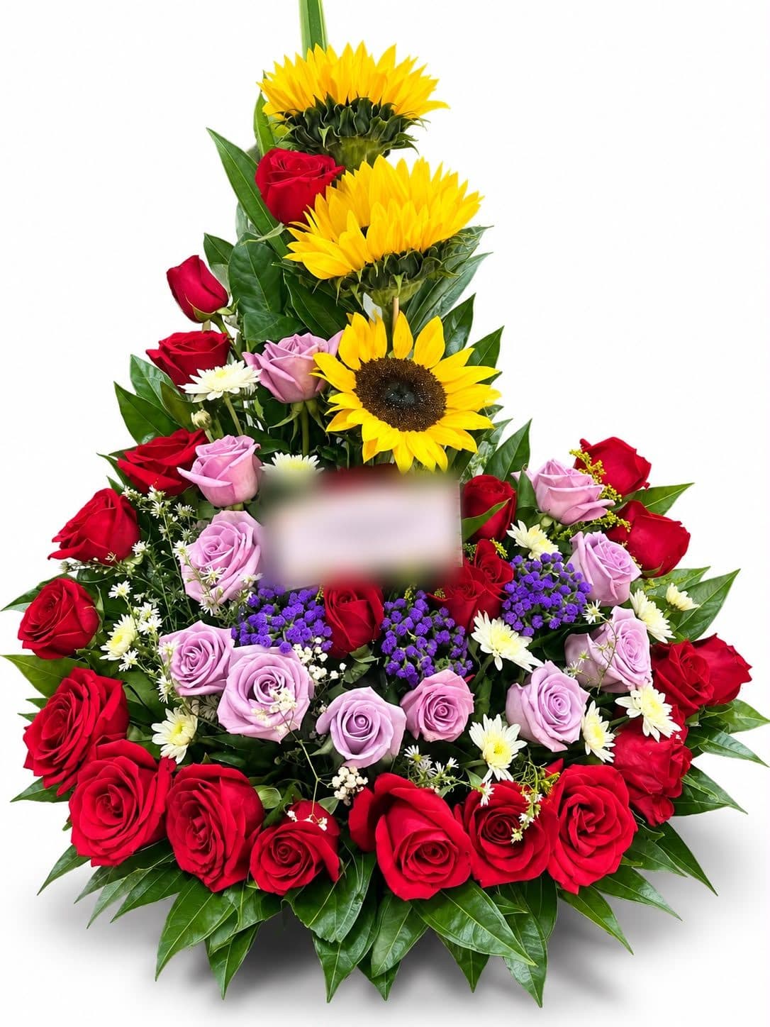 Arreglo Piramidal de Rosas Rojas, Lilas y Girasoles