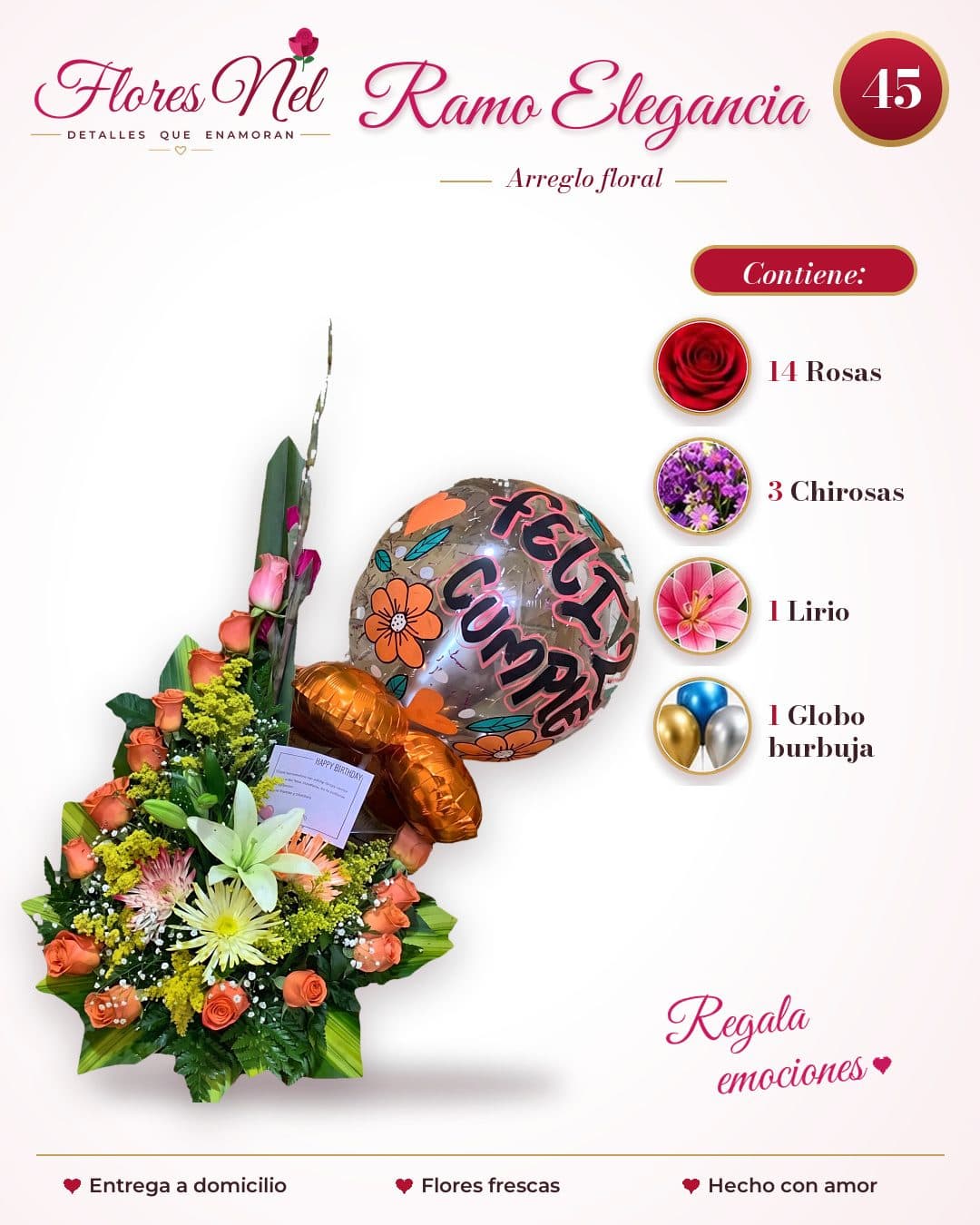 Ramo Elegancia de Rosas con Globo de Cumpleaños