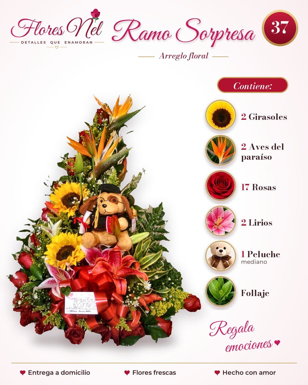 Ramo Sorpresa de Rosas, Girasoles y Peluche