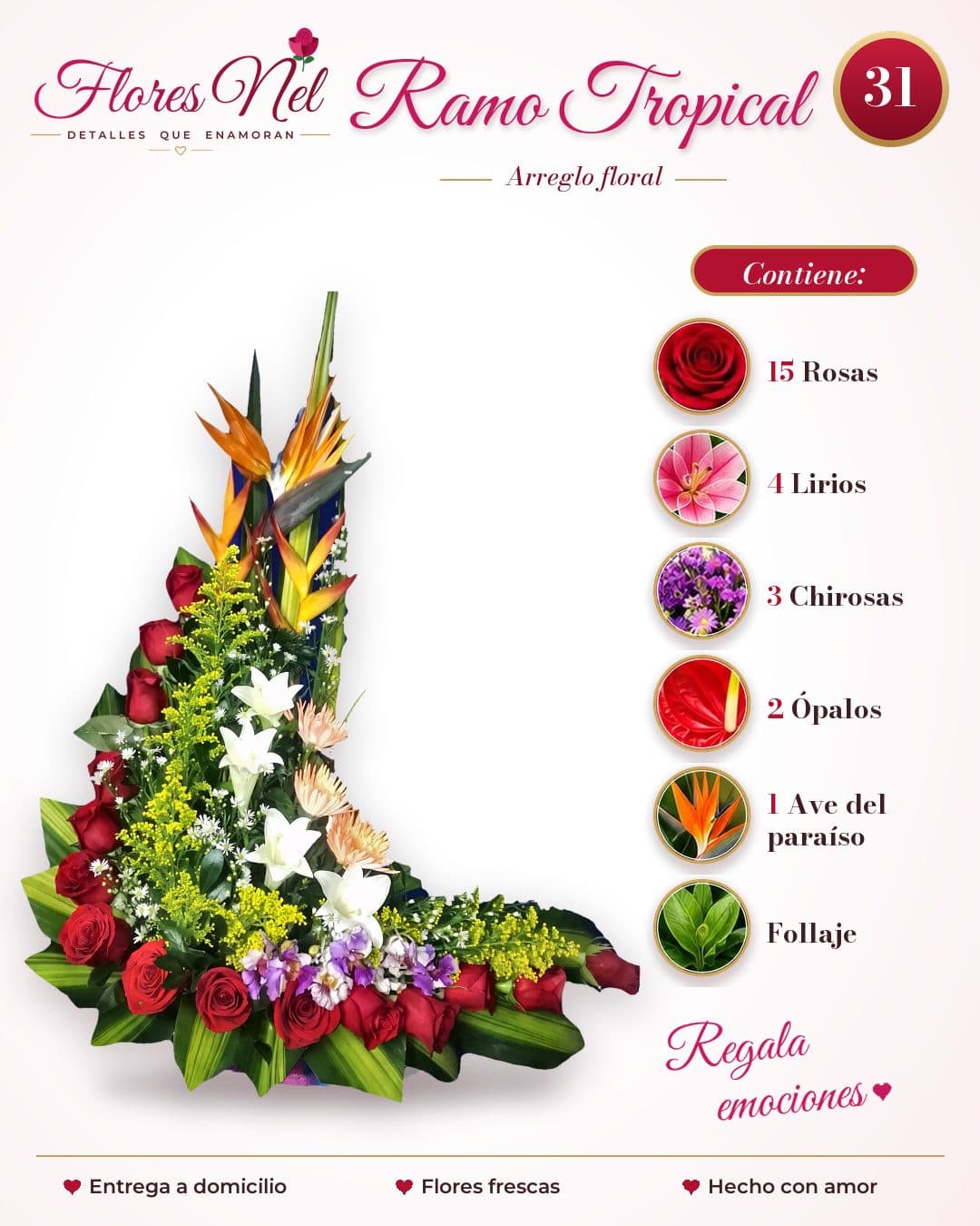Ramo Tropical de Rosas, Lirios y Ave del Paraíso