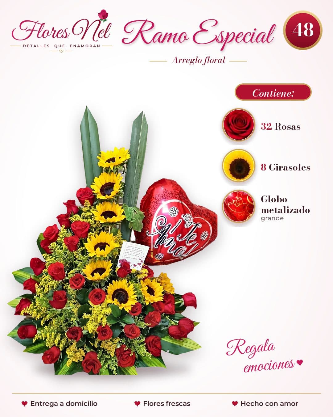 Ramo Especial de 32 Rosas y 8 Girasoles con Globo