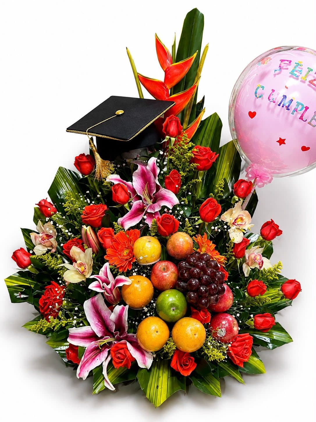Arreglo Frutero con Rosas, Lirios y Orquídeas