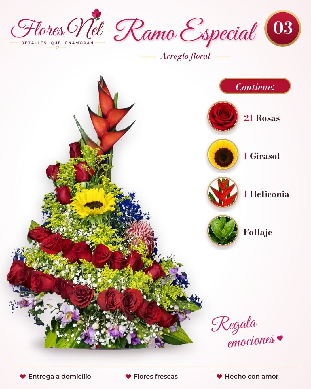 Ramo Especial de 21 Rosas Rojas con Girasol