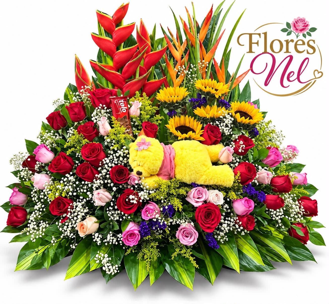 Arreglo Tropical con Rosas, Girasoles y Peluche