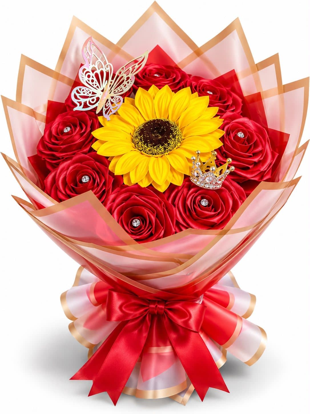 Ramo de Rosas Eternas Rojas con Girasol y Corona