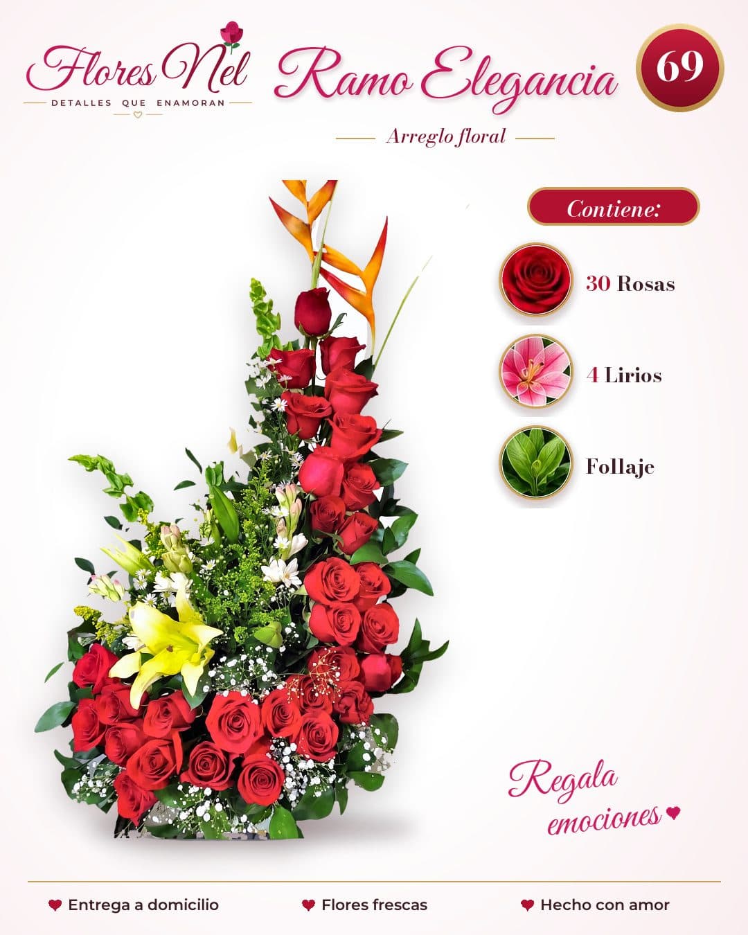 Ramo Elegancia de 30 Rosas Rojas y Lirios