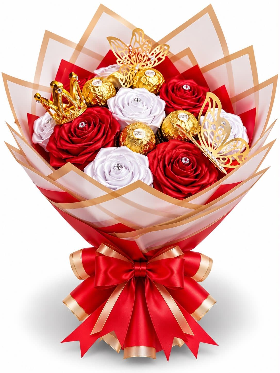 Ramo de Rosas Eternas Rojas y Blancas con Ferrero Rocher