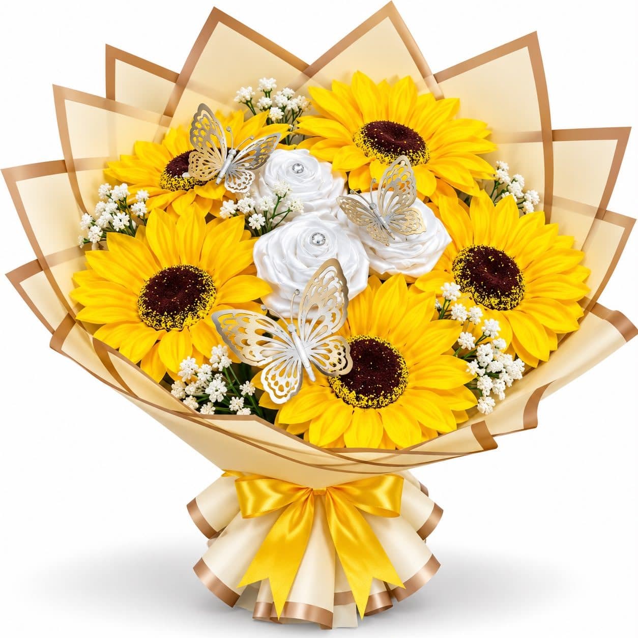 Ramo de Rosas Eternas Blancas y Girasoles
