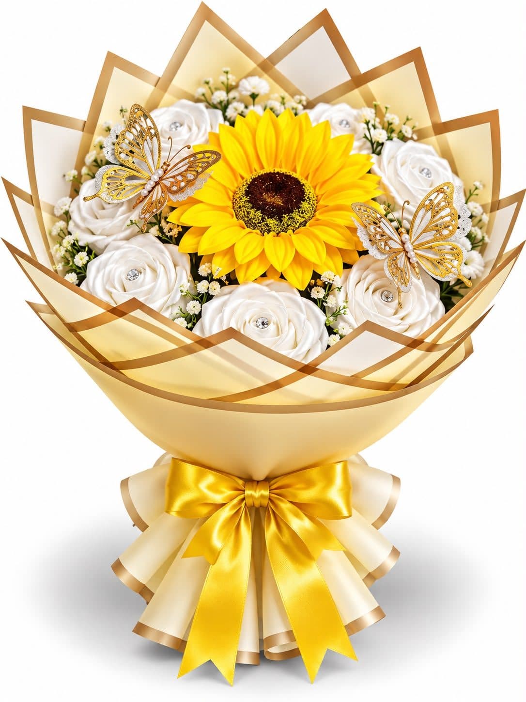 Ramo de Rosas Eternas Blancas con Girasol