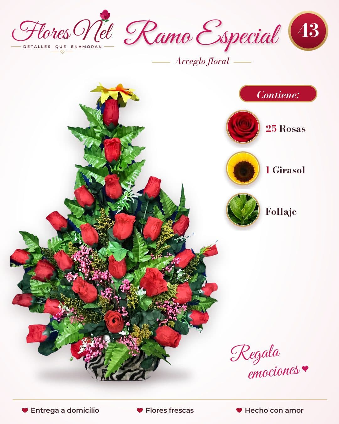 Ramo Especial de 25 Rosas Rojas con Girasol