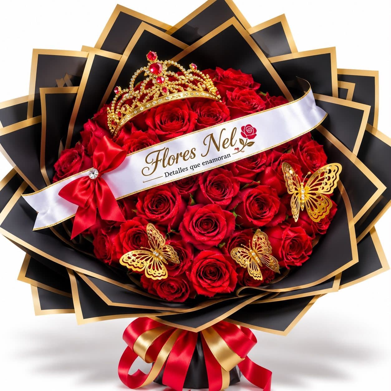 Ramo de Rosas Rojas con Corona y Banda