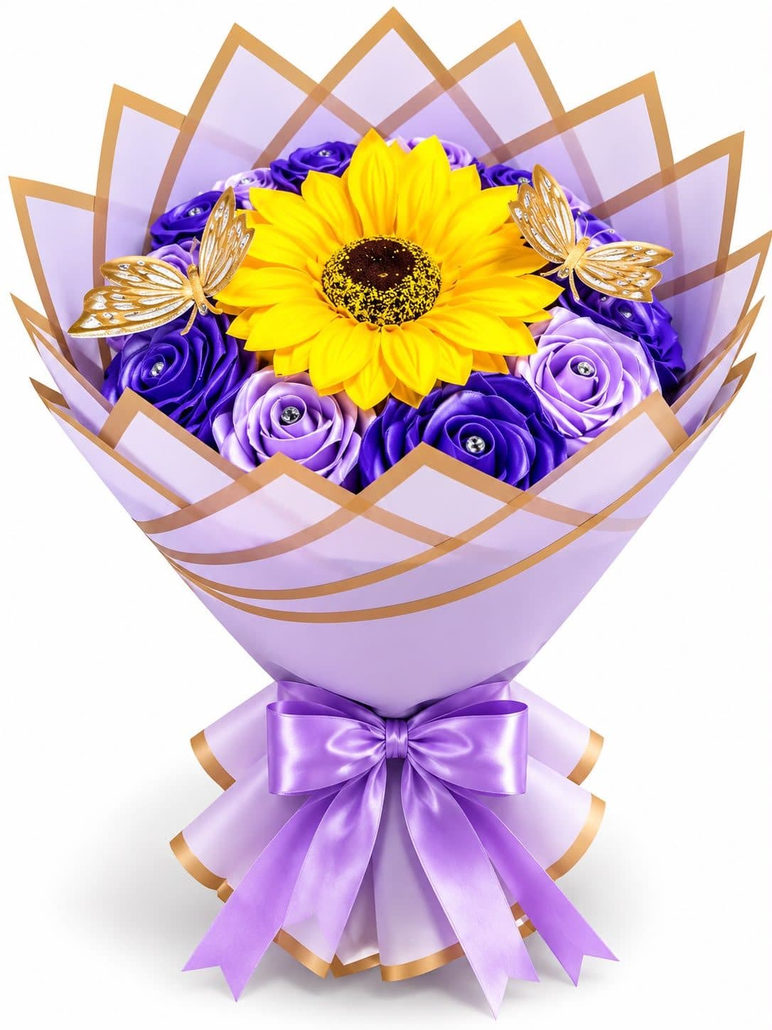 Ramo de Rosas Eternas Moradas con Girasol